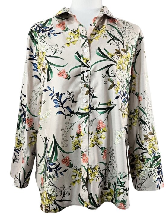 Chico's Tops - Chico's No Iron Tan Floral Blooming Wildflower Button-Up Shirt Botannical